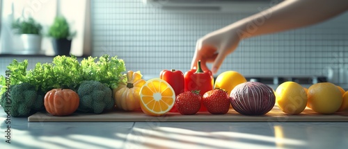 Fresh vegetables and fruits on a kitchen table photo