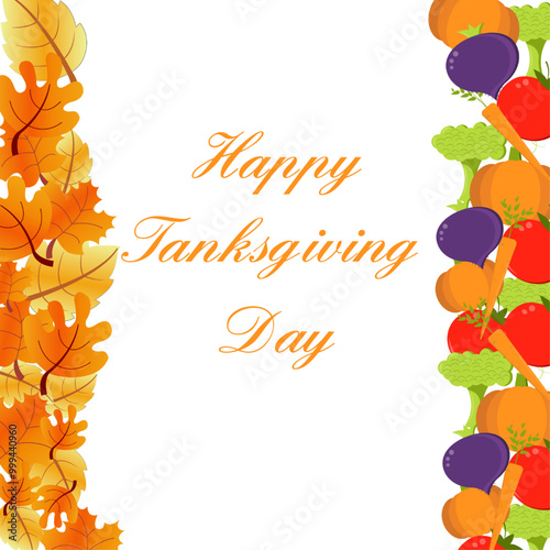 Autumn leaves and fruits on both sides and an inscription in the middle