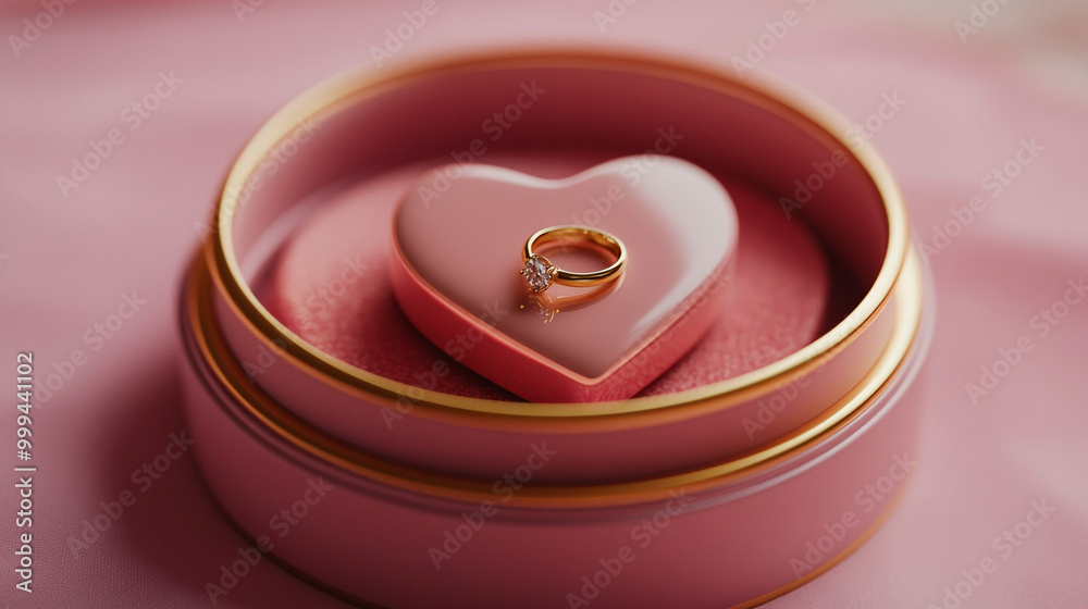Elegant gold ring with diamond placed on a heart-shaped cushion in a pink box Elegant gold ring with diamond placed on a heart-shaped cushion in a pink box