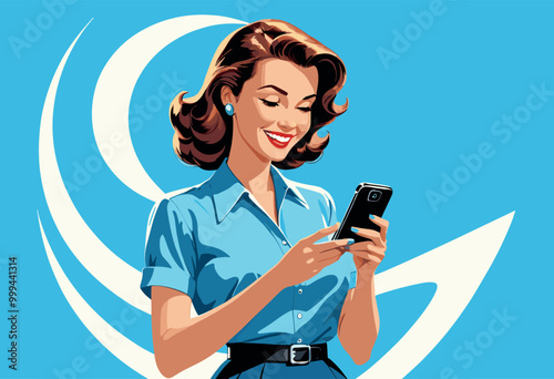 Smiling Woman Using Smartphone Against Blue Background