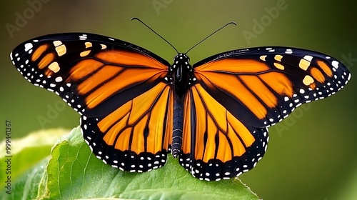 Monarch Butterfly on Green Leaf Closeup View Nature Photography