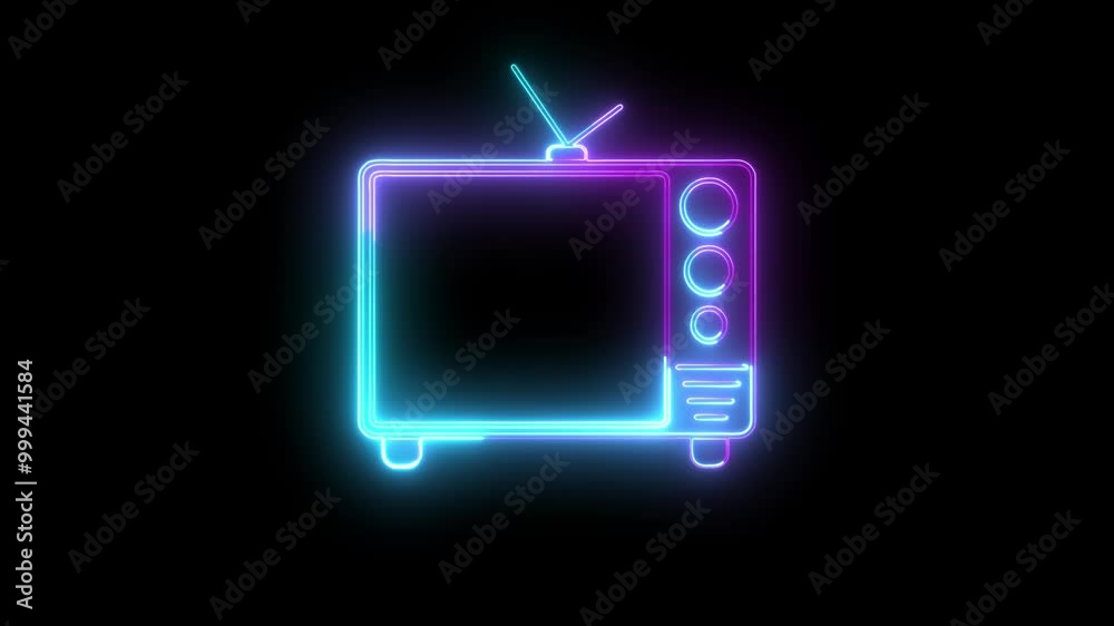 Neon Old television with sky color interference screen with black color background.Close-up of vintage tv and cartridges for play station. Antique video game, nostalgia. Neon Old television with sky color interference screen with black color background.Close-up of vintage tv and cartridges for play station. Antique video game, nostalgia.