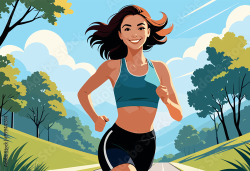 Smiling Woman Jogging Outdoors on a Sunny Day