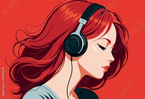 Red Haired Woman Enjoying Music with Headphones