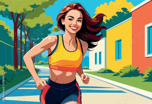 Smiling Woman Jogging Outdoors on a Sunny Day