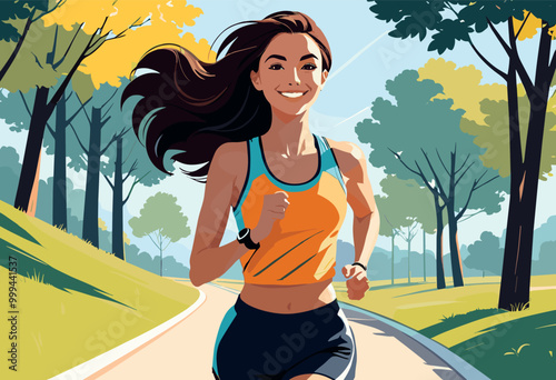 Smiling Woman Jogging Outdoors on a Sunny Day