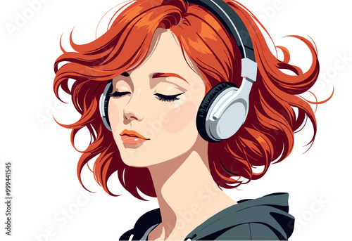 Red Haired Woman Enjoying Music with Headphones