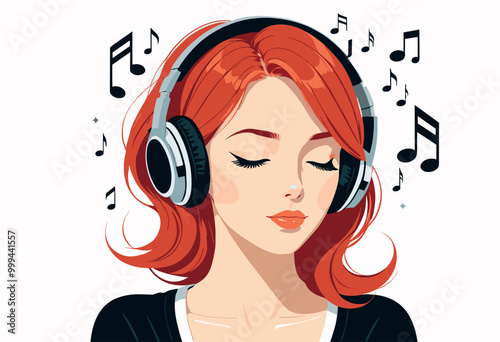 Red Haired Woman Enjoying Music with Headphones