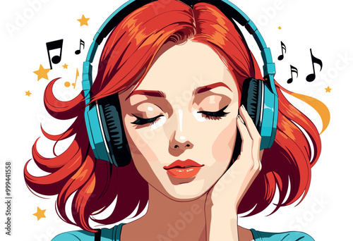 Red Haired Woman Enjoying Music with Headphones