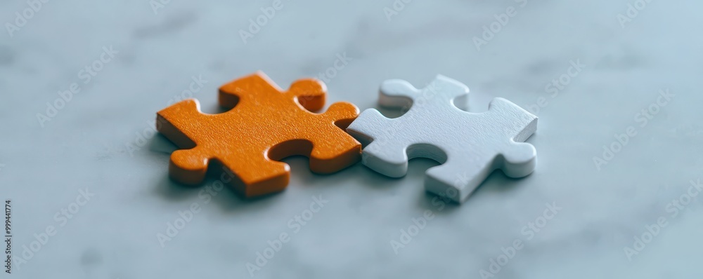 Fototapeta premium Two interlocking puzzle pieces, one orange and one white, placed on a smooth surface, symbolizing connection and problem-solving.