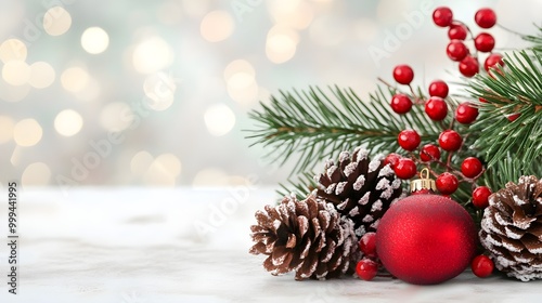 a festive holiday arrangement. It features a red Christmas ornament, pine cones, and sprigs of evergreen with red berries. The background is softly blurred with a bokeh effect