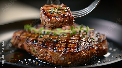 A large fork holding up the meat on top of an iron plate, the entire piece is in a frontal view, the steak has some tiny herbs hanging from its edges. photo