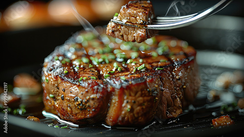 A large fork holding up the meat on top of an iron plate, the entire piece is in a frontal view, the steak has some tiny herbs hanging from its edges. photo