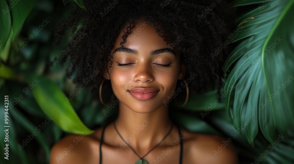 A woman with dark hair and a smile is laying in a green leafy area A woman with dark hair and a smile is laying in a green leafy area