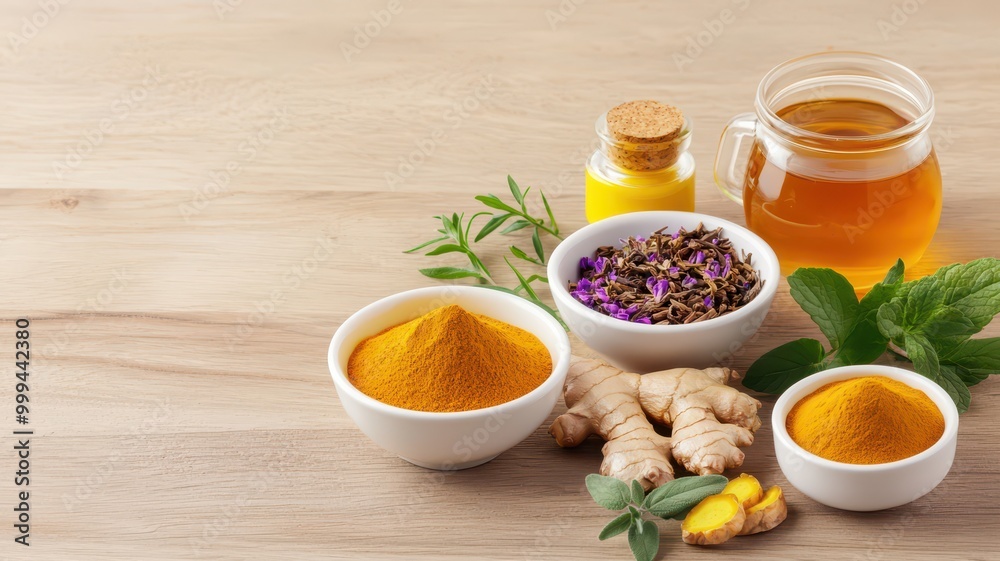 A vibrant display of spices and herbs, including turmeric, ginger, and honey, arranged artfully on a wooden surface. A vibrant display of spices and herbs, including turmeric, ginger, and honey, arranged artfully on a wooden surface.