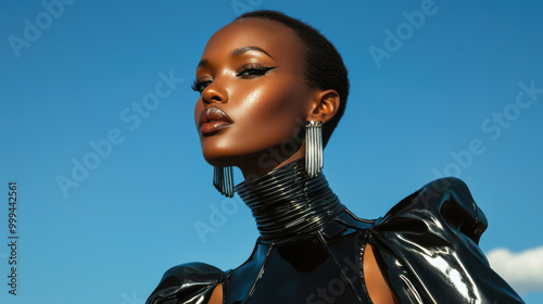 Black Woman In Fashion Portrait Against Blue Sky