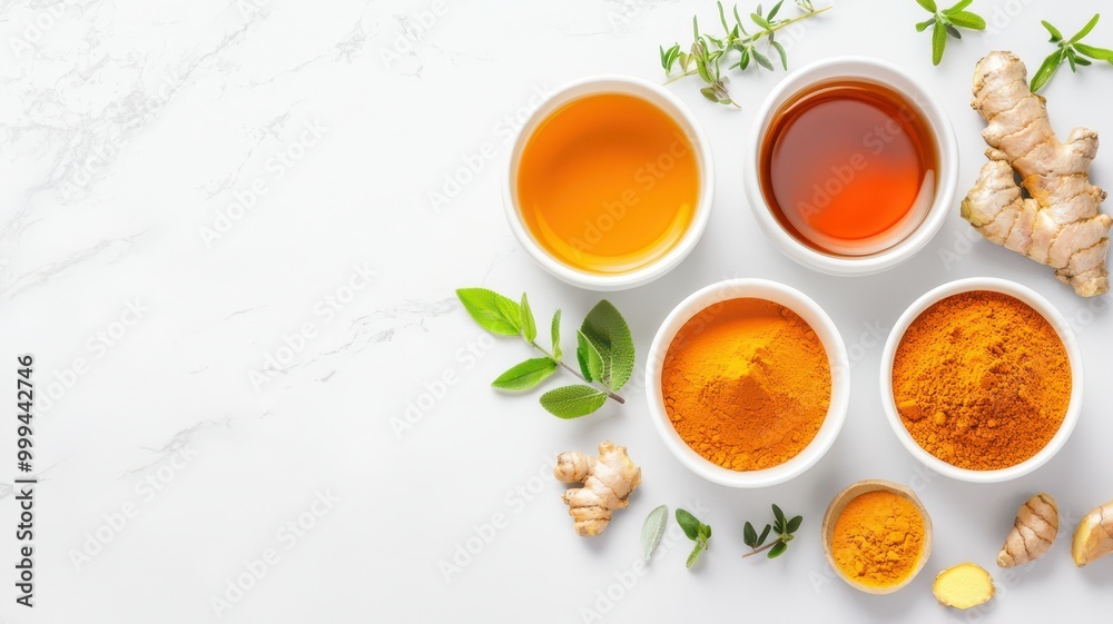 Colorful arrangement of spices and oils in bowls, garnished with fresh herbs, showcasing the beauty of natural ingredients and their health benefits. Colorful arrangement of spices and oils in bowls, garnished with fresh herbs, showcasing the beauty of natural ingredients and their health benefits.