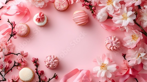 Floral Pastel Pink Mothers Day Banner Template with Sweet Treats and Ribbons