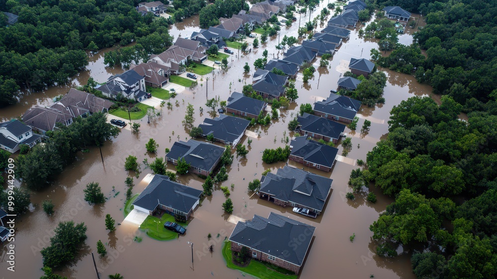 Aerial view of a flooded residential neighborhood, showcasing submerged homes surrounded by standing water and lush greenery. Aerial view of a flooded residential neighborhood, showcasing submerged homes surrounded by standing water and lush greenery.