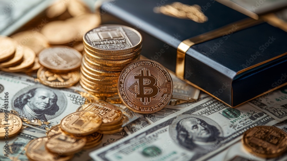Bitcoin and Cash on Table with Luxury Box Bitcoin and Cash on Table with Luxury Box