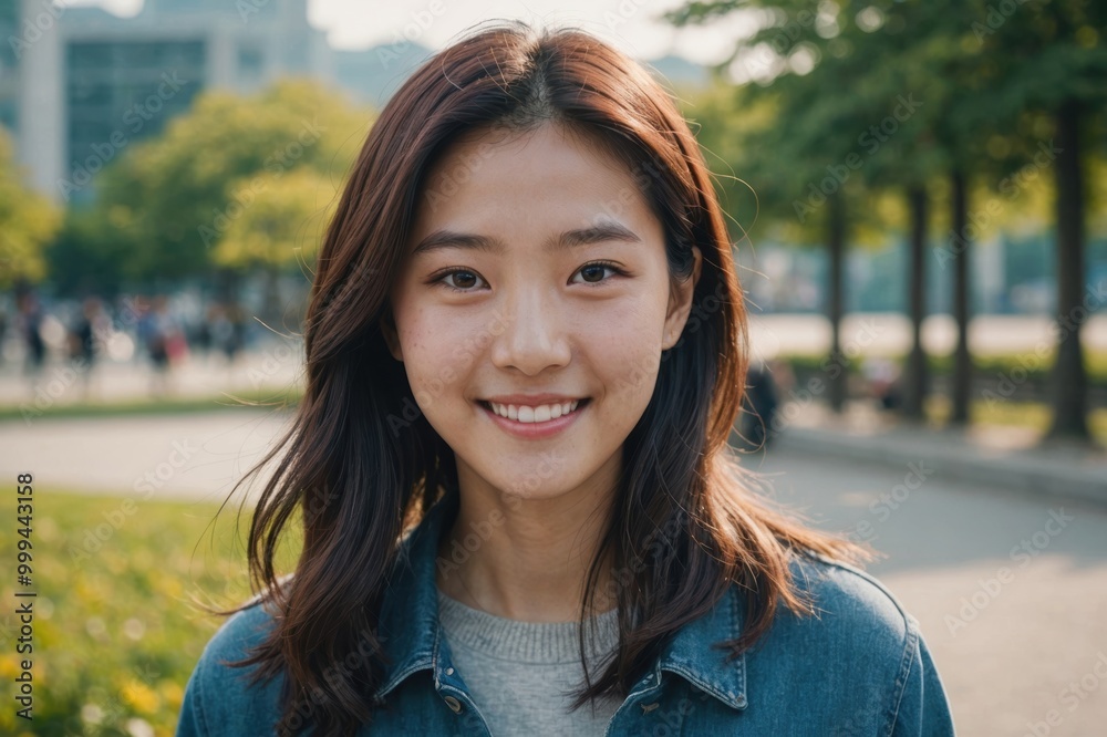 Close portrait of a smiling young Korean woman looking at the camera, Korean outdoors blurred background Close portrait of a smiling young Korean woman looking at the camera, Korean outdoors blurred background