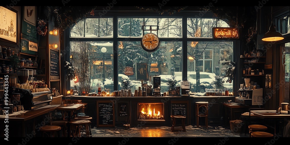 A cozy cafe with a fireplace, large windows, and snow-covered street outside. A cozy cafe with a fireplace, large windows, and snow-covered street outside.