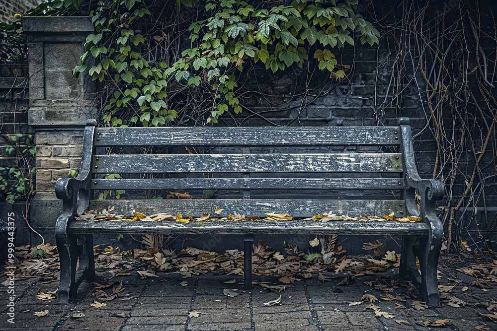 Old lonely bench in dark deserted park against backdrop of autumn trees Old lonely bench in dark deserted park against backdrop of autumn trees