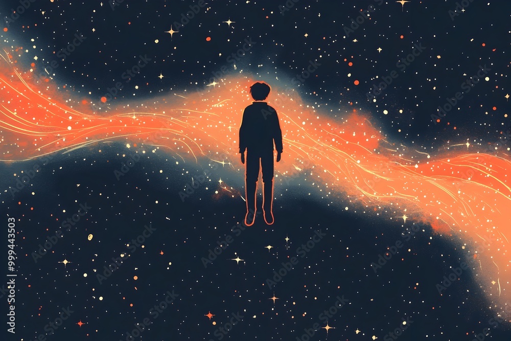 Fototapeta premium Solitary silhouetted figure floating through the cosmic expanse of the universe