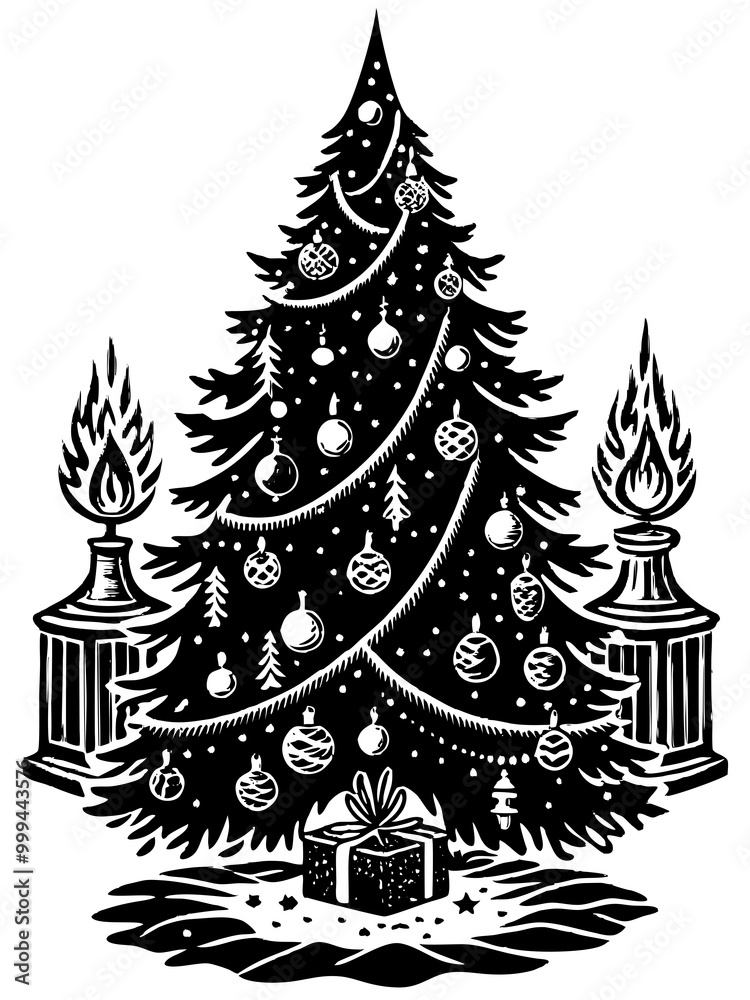 Obraz premium Festive Christmas Tree with Gifts and Candles Illustration