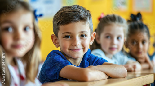 Portrait cute little boy and smiling in classroom. Happy child standing in elementary school. Young student joy, innocence, and confidence. Preschool education. Schoolboy, fun expression. Childhood.