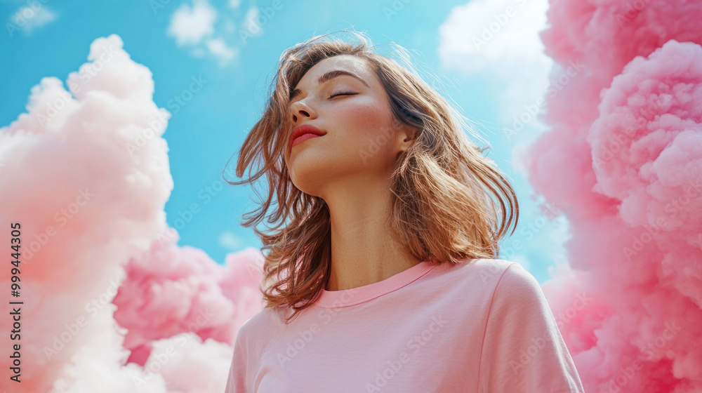 Portrait a beautiful young woman with closed eyes and pink clouds in background. Dreamy girl with long hair, happy face, and pretty smile enjoying fantasy sky Portrait a beautiful young woman with closed eyes and pink clouds in background. Dreamy girl with long hair, happy face, and pretty smile enjoying fantasy sky