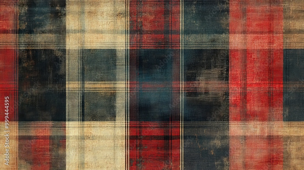 Colorful plaid fabric with red, black, and beige patterns Colorful plaid fabric with red, black, and beige patterns