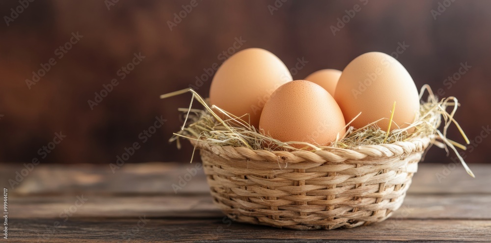 A small basket filled with brown eggs rests on a wooden surface, surrounded by natural straw. A small basket filled with brown eggs rests on a wooden surface, surrounded by natural straw.