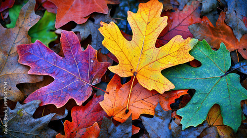 Fototapeta Naklejka Na Ścianę i Meble -  Colorful autumn leaves background. Top view. Abstract seasonal pattern with beautiful fall foliage. Orange, red, yellow maple leaf texture. Nature beauty in october. Artistic.