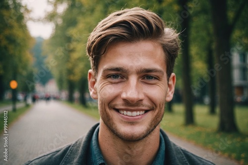 Close portrait of a smiling young Liechtensteiner man looking at the camera, Liechtensteiner outdoors blurred background