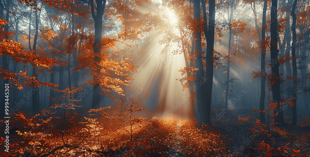 Obraz premium Mystic autumn forest fog, sun rays.