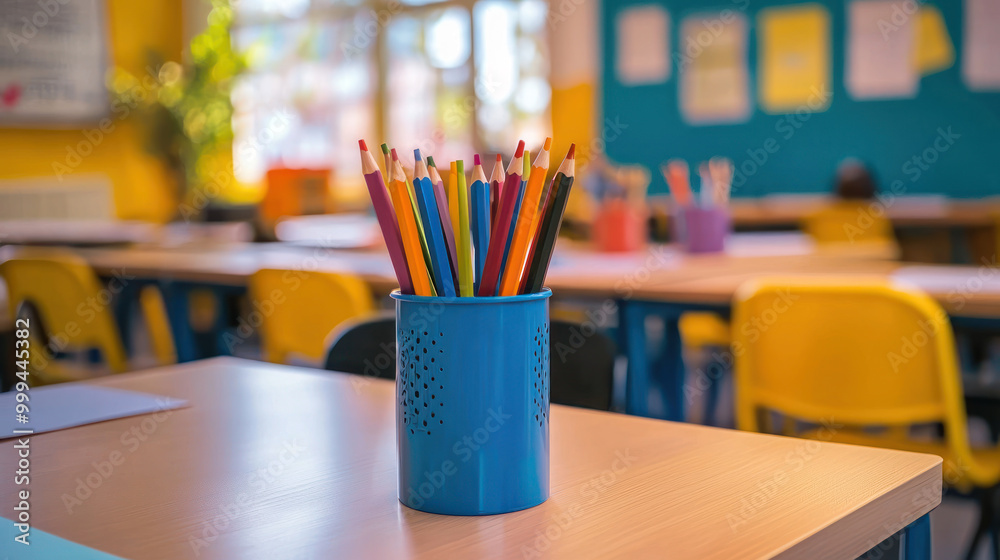 Colorful pencils in blue vase table in classroom. Creativity and learning, supplies education and in variation colors, study, and design. Colorful pencils in blue vase table in classroom. Creativity and learning, supplies education and in variation colors, study, and design.