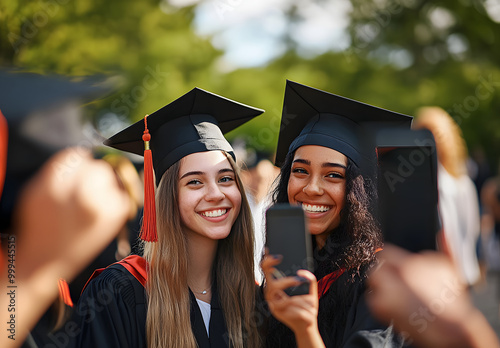 students and graduation picture in outdoor, diploma celebration and photography memory. People, friends and certified together for university success, social media post and women for victory photo