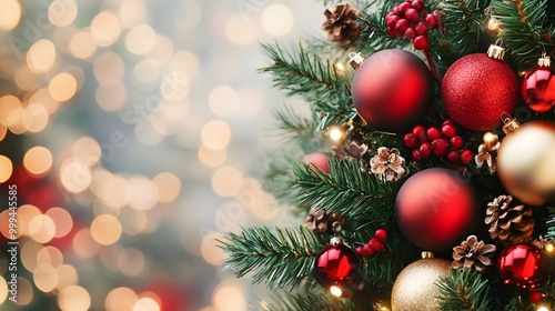  a close-up of a decorated Christmas tree. The tree is adorned with red and gold baubles, pine cones, and small clusters of red berries. The background is softly blurred