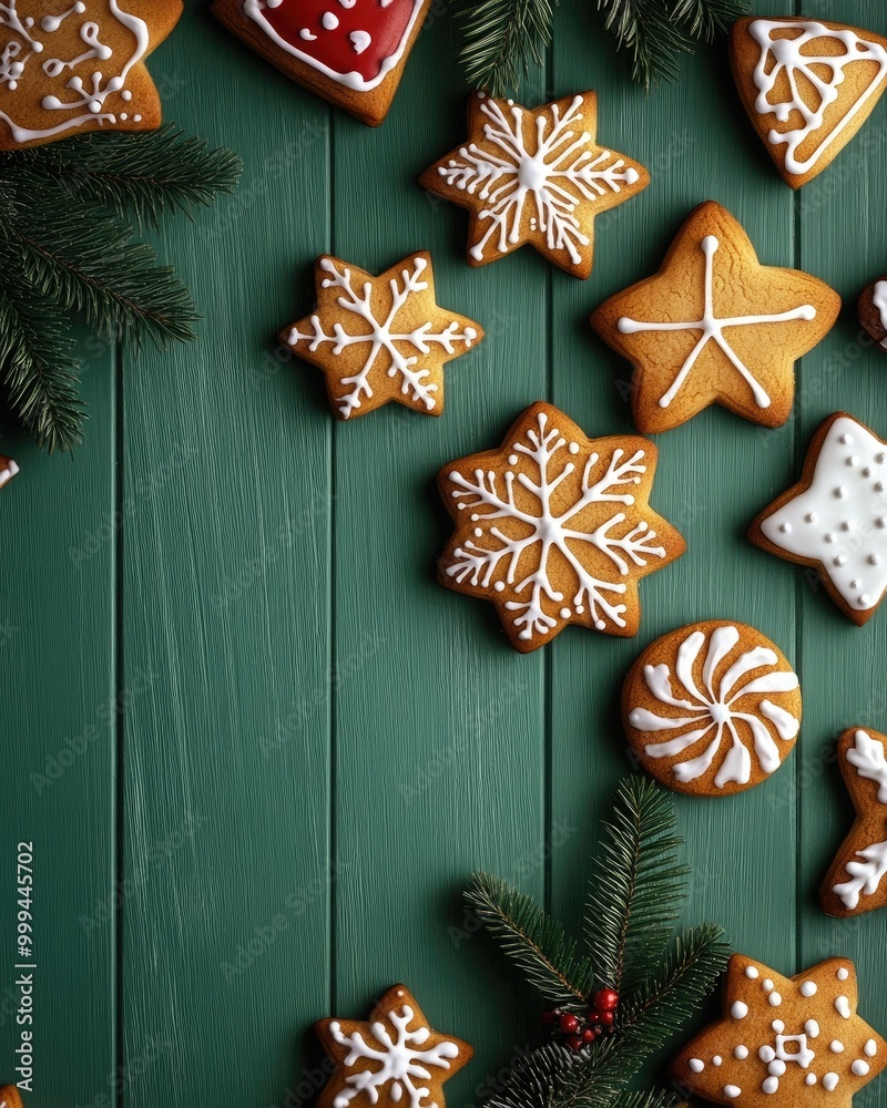 Fototapeta premium Festively decorated cookies on a green wooden background