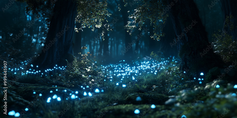 Enchanted Forest with Glowing Bioluminescent Mushrooms Enchanted Forest with Glowing Bioluminescent Mushrooms