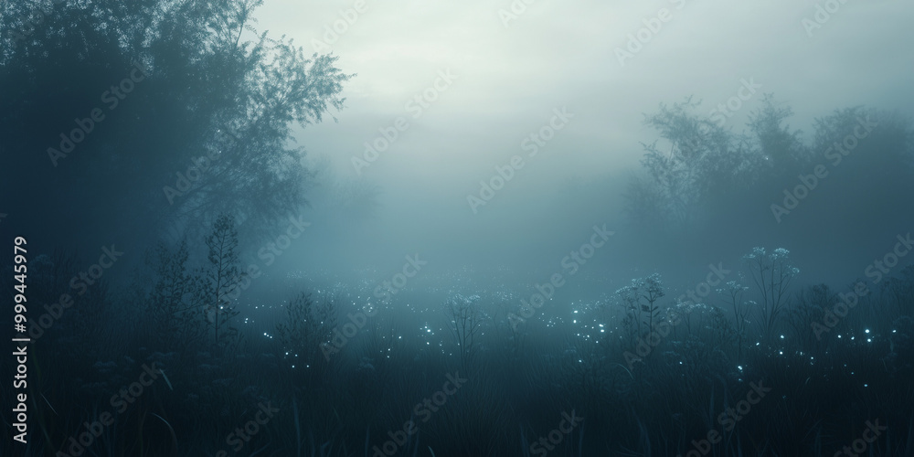 Fototapeta premium Foggy Meadow with Distant Glows at Dusk
