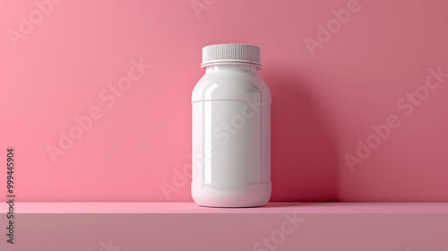 A white plastic bottle with a blank label sits on a pink shelf against a pink background. The bottle is ready for your product design. photo