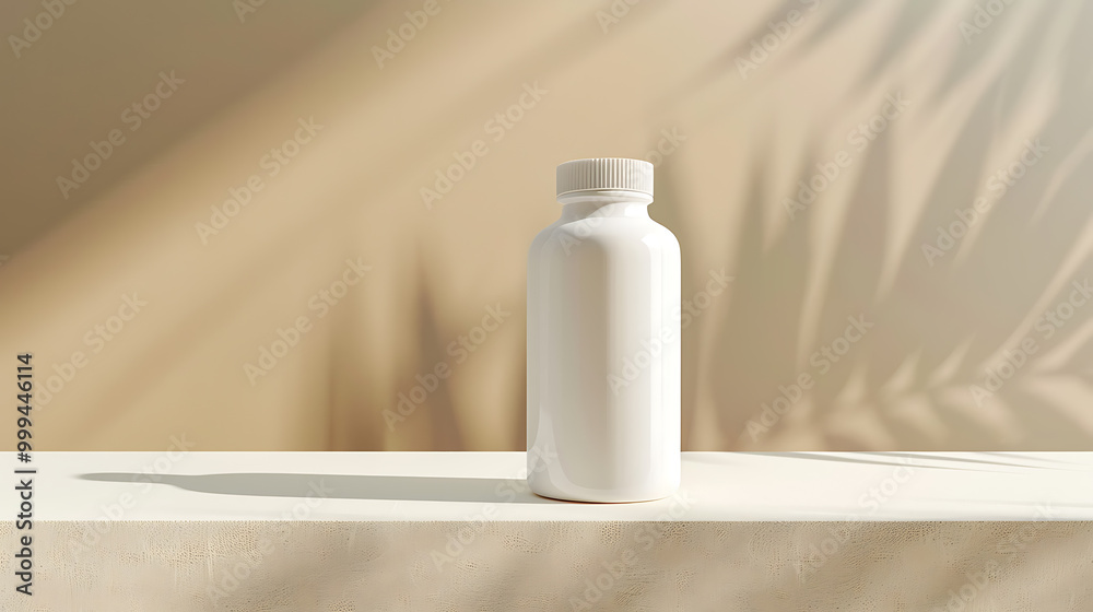 White bottle on a white surface with shadows from tropical foliage in the background. White bottle on a white surface with shadows from tropical foliage in the background.