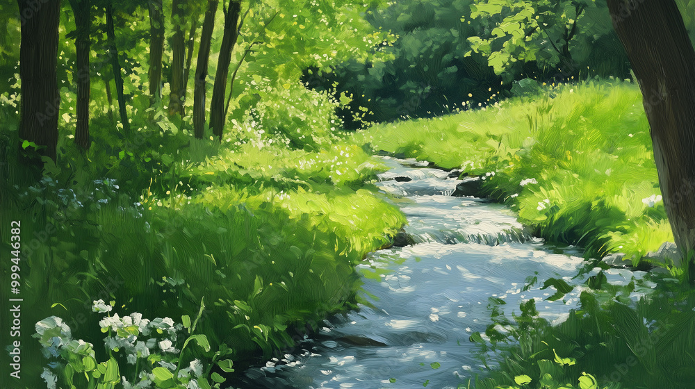 Fototapeta premium Gentle Stream Flowing Through Peaceful Greenery