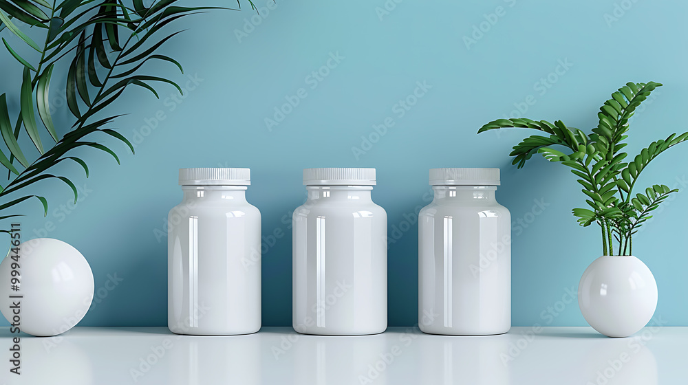 Three white supplement bottles on a white surface with a blue background. The bottles are surrounded by plants. Three white supplement bottles on a white surface with a blue background. The bottles are surrounded by plants.