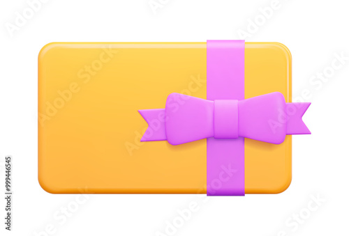 3d yellow gift card with purple bow. Gift certificate for promotion of goods for holidays, birthdays and discount coupon concept. Stock vector illustration on isolated background.