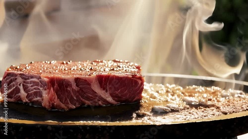 Slow motion video of wagyu beef searing on hot stone with side light.