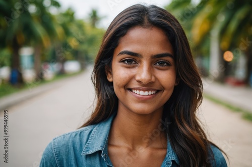 Close portrait of a smiling young Maldivian woman looking at the camera, Maldivian outdoors blurred background