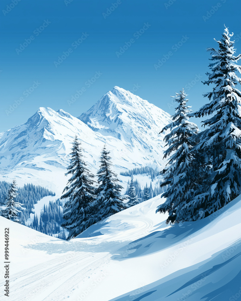 Serene Snowy Mountain Landscape with Evergreen Trees Serene Snowy Mountain Landscape with Evergreen Trees